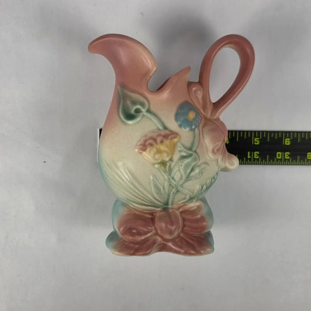 Hull Art USA Pottery‎ Pitcher Vase Flowers Bow Pink Blue Cream 6.25" Cracked - Picture 13 of 14